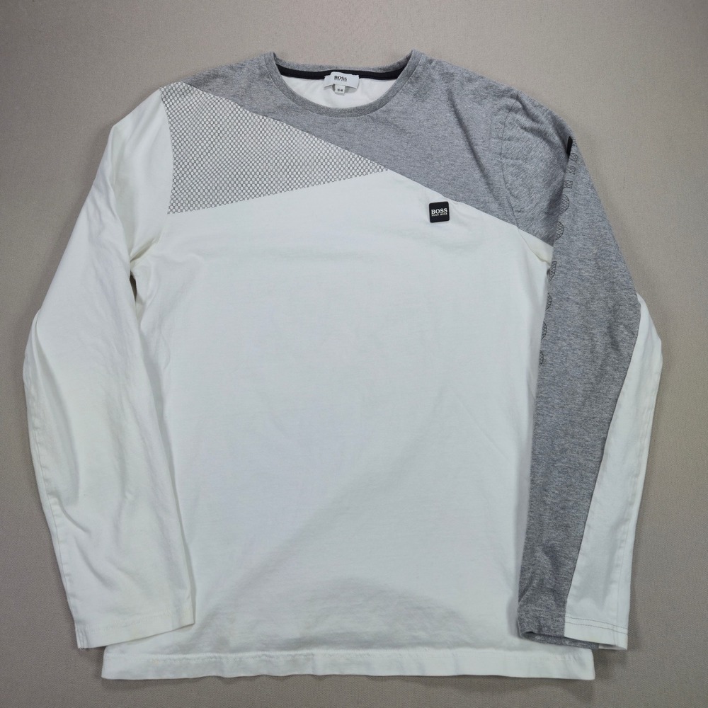 Boss Hugo Boss Long Sleeve‎ Tee Colorblock Logo Graphic White Grey Boys 16M